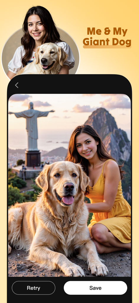 AI generated image of a woman and a giant golden retriever in front of the Christ the Redeemer statue in Rio de Janeiro