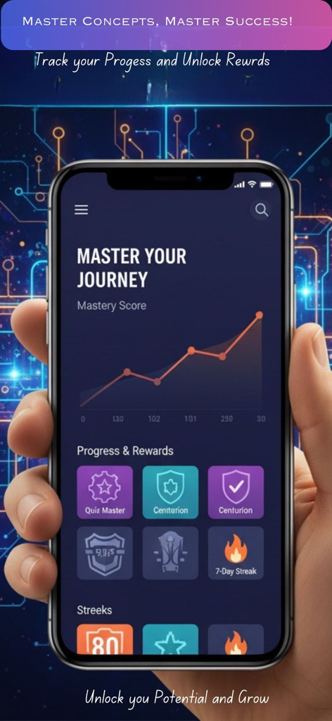 AI Quiz Maker: Flashcards - Pantalla de análisis de progreso de la aplicación AI Quiz Maker que muestra un gráfico de progreso de puntuación de dominio y recompensas por logros.