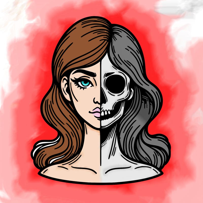 bust of a woman, half face and hair, half skull