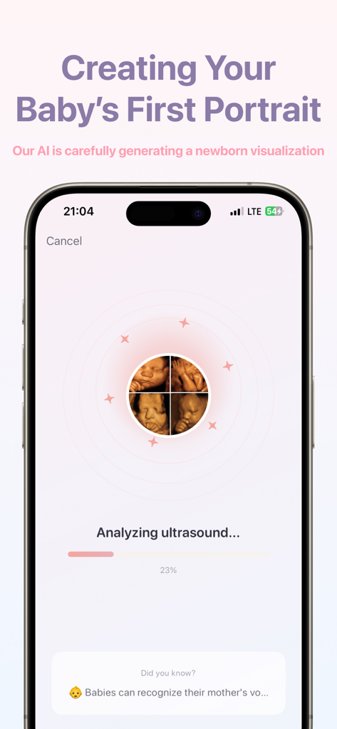 Baby Reveal - Baby Reveal app interface showing the AI analysis of an ultrasound to create a baby portrait