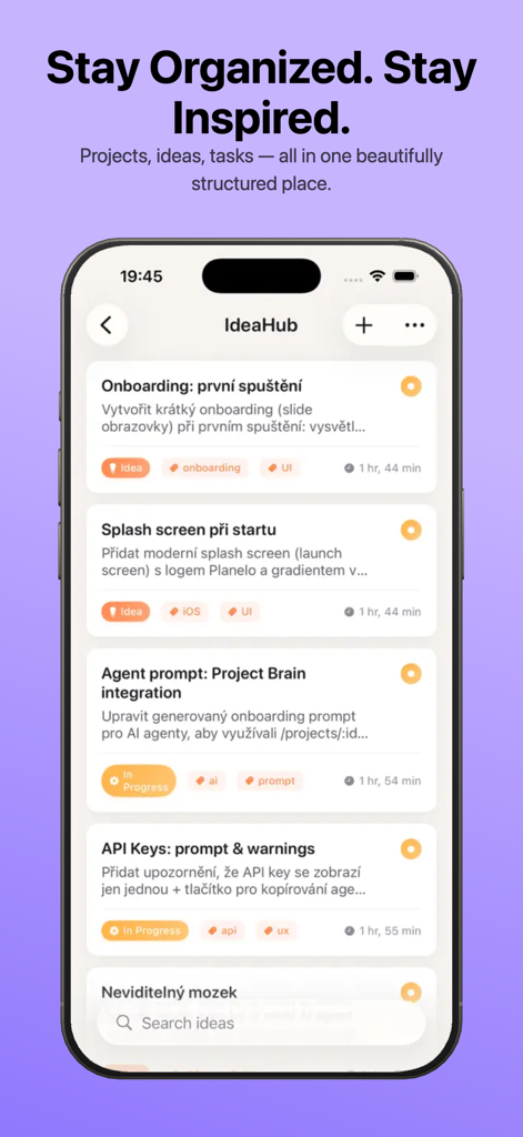 Planelo: Idea & Project Hub - A screenshot of the Planelo app showing the IdeaHub screen with a list of organized tasks and project ideas.