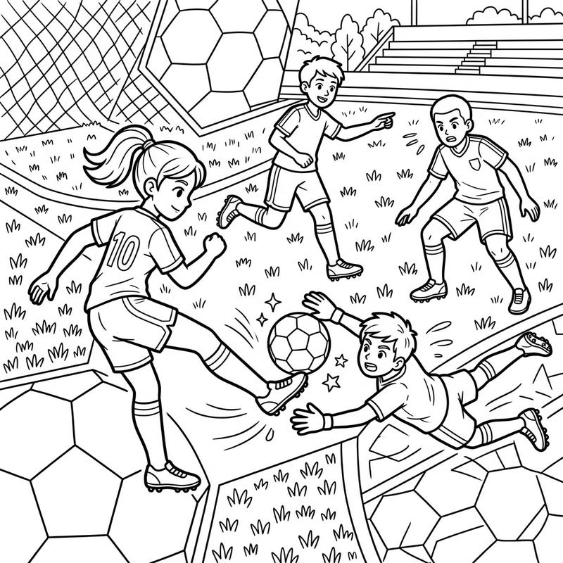 Bring the excitement of the soccer field to life with this vibrant coloring page featuring young athletes in mid-game action. Perfect for budding sports enthusiasts and creative minds looking for an engaging challenge.
