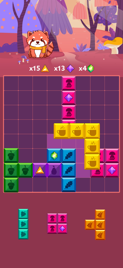 Block puzzle pro Gem for watch - Tela de jogo de quebra-cabeça de blocos apresentando peças de joias coloridas e um personagem fofo de panda vermelho em um fundo de floresta