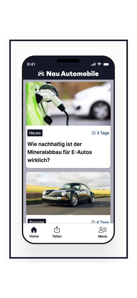 Nau Automobile - Pantalla de inicio de la aplicación Nau Automobile con artículos sobre sostenibilidad de vehículos eléctricos y coches Porsche clásicos