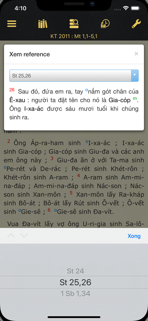 KTCGKPV app interface showing a Vietnamese Bible reference popup window