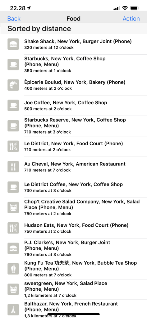 BlindSq Event - A list of nearby food locations in New York showing distances and clock face directions for assistive navigation.