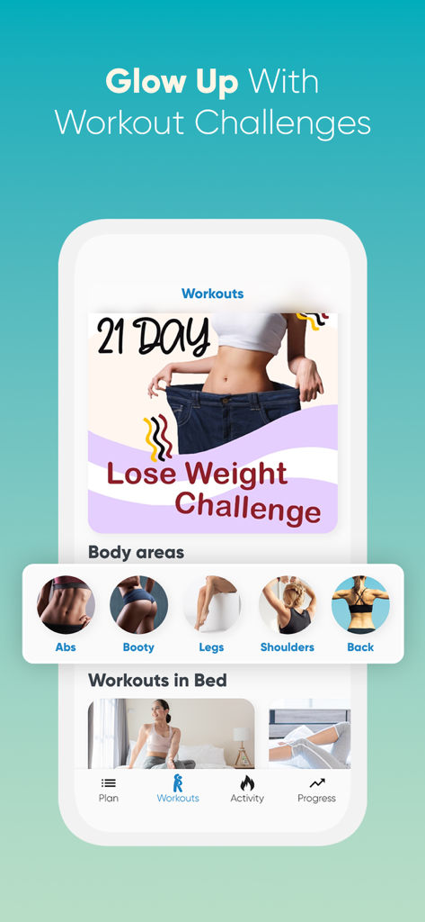 Wall Pilates App-Oberfläche, die eine 21-tägige Gewichtsverlust-Challenge und Workout-Kategorien für Körperbereiche anzeigt