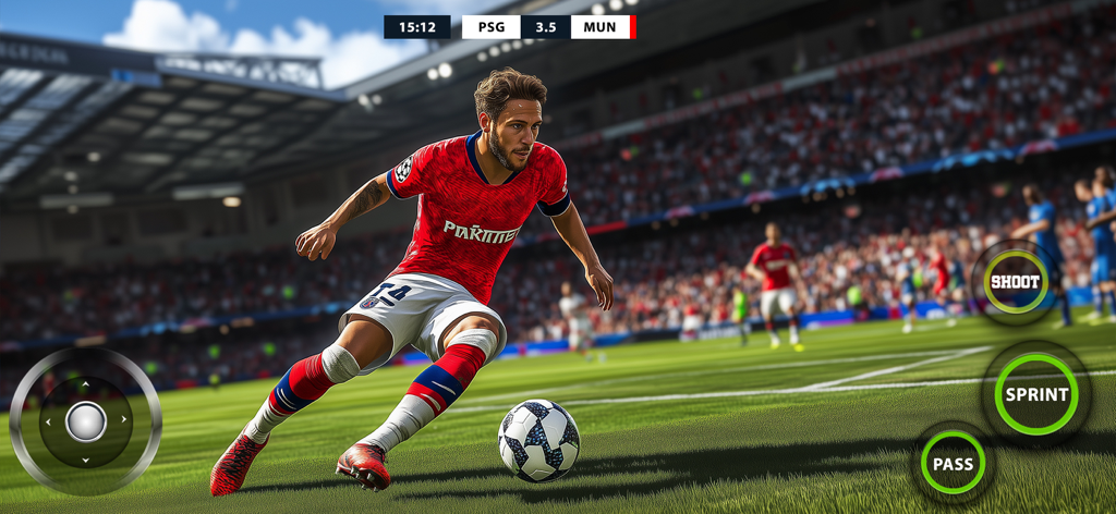 Un jugador de fútbol dribla el balón en un estadio 3D realista con controles móviles para disparar y correr.