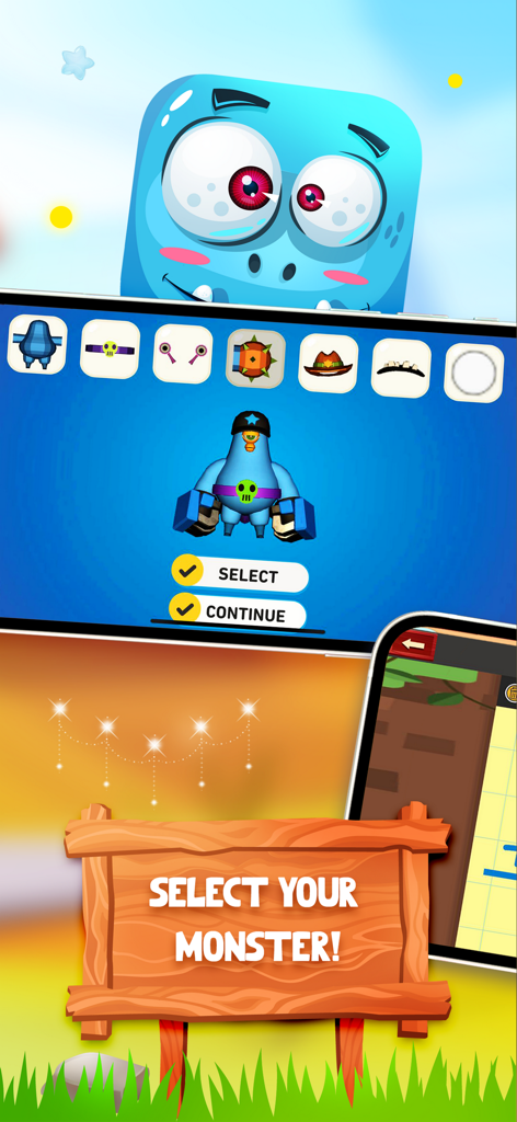 Adapted math - Fun mind games - Customization screen in the Adapted Math app where users can select and dress up a monster character