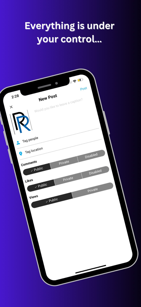 theWell Christian Social Media - A smartphone screen showing theWell app interface with privacy controls for comments likes and views on a new post.