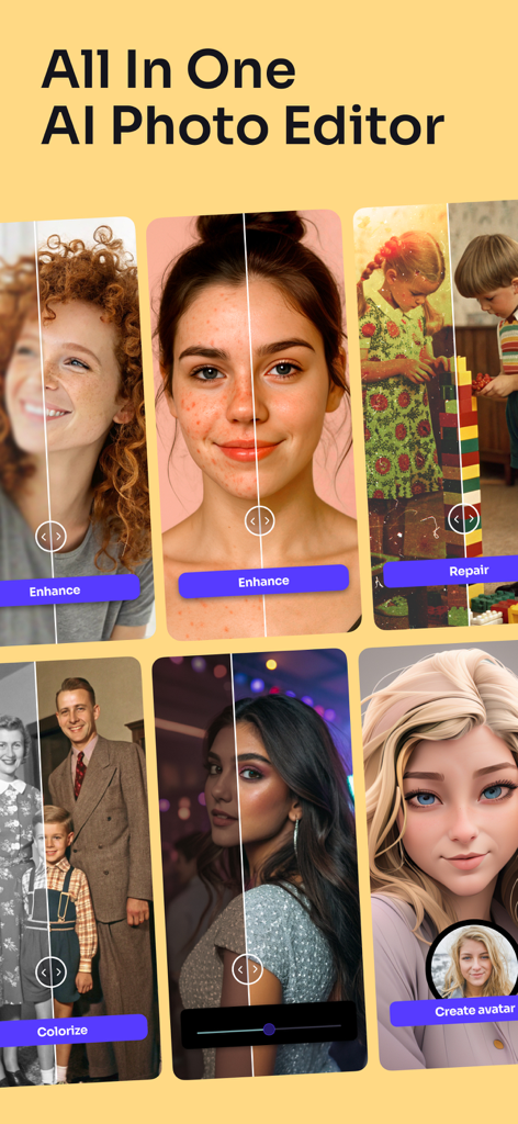 Uma colagem mostrando os recursos do aplicativo Mirage, como aprimoramento de fotos, reparo de fotos antigas, colorização e criação de avatares com IA