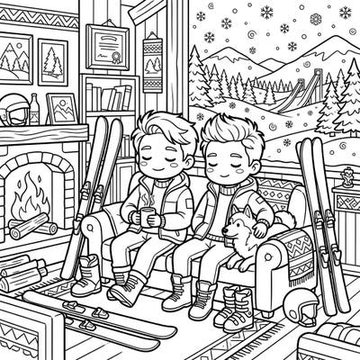 Unwind in a charming ski lodge with this delightful coloring page, capturing the essence of 'weekend vibes' after a day on the slopes. Features two friends, a cozy fireplace, and stunning snowy views, perfect for a relaxing coloring session.