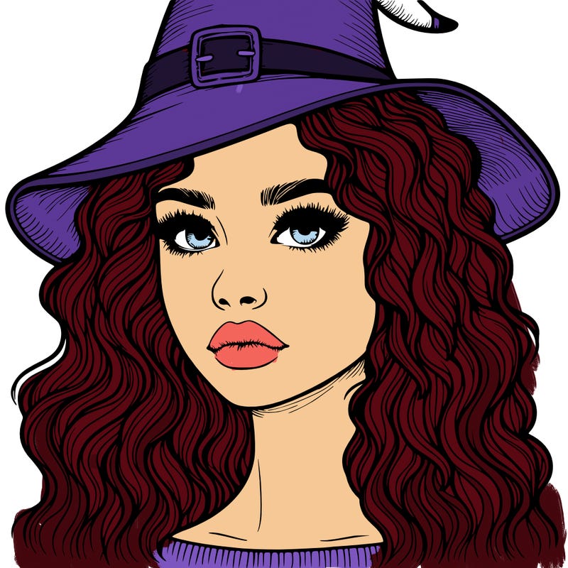 realistic girl with wavy hair a witch hat and a nose and lips and eyes