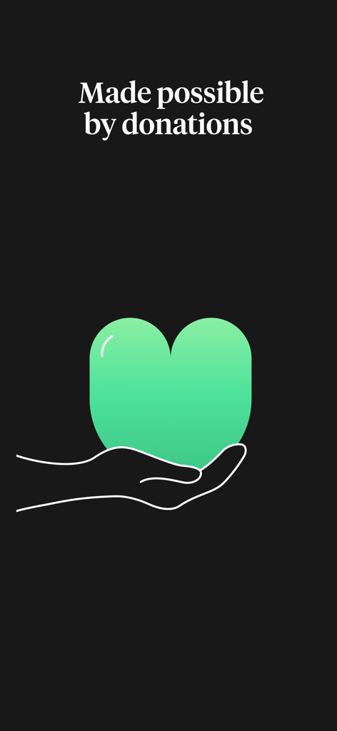 How We Feel - A graphic showing a hand holding a green heart with the text Made possible by donations representing the app's non-profit status.