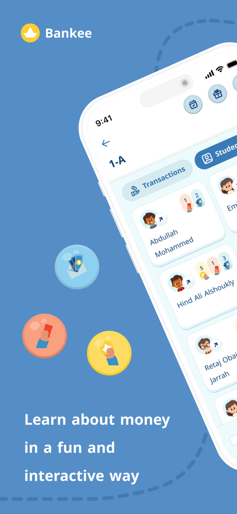 Bankee - Bankee app interface showing student transaction records and classroom rewards system