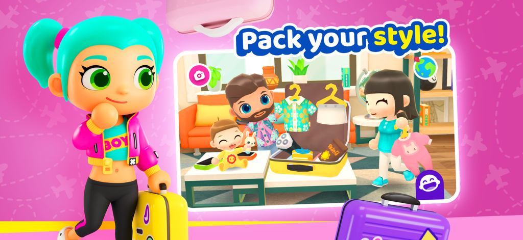 World Travel Stories - Airport - Personaggi dei cartoni animati che preparano valigie con vestiti colorati in un'ambientazione di casa delle bambole digitale.