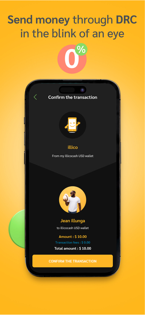 illicocash - A mobile screen showing a transaction confirmation in the illicocash app for sending ten dollars to the DRC with zero fees.