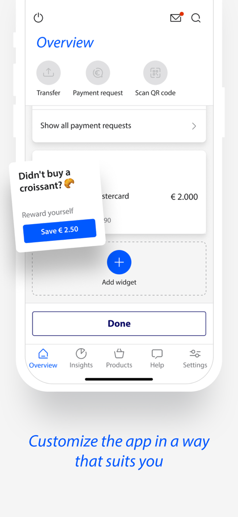 Rabobank mobile app overview screen featuring customizable widgets and a savings reward prompt.