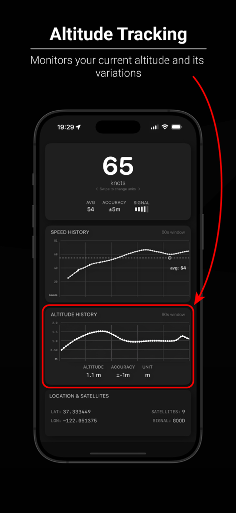Speed Dash - Speed Dash app interface showing altitude tracking and history graph