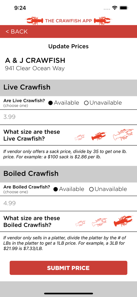 User interface for reporting live and boiled crawfish prices and availability within The Crawfish App
