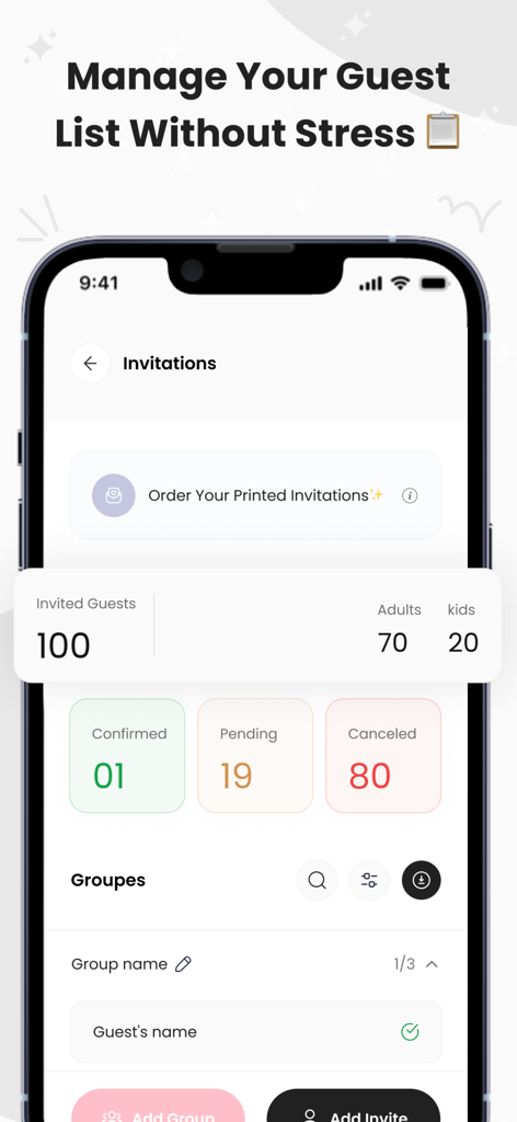 Tableau de bord de la liste des invités de mariage Mariages.io montrant le suivi des invitations pour les invités confirmés, en attente et annulés