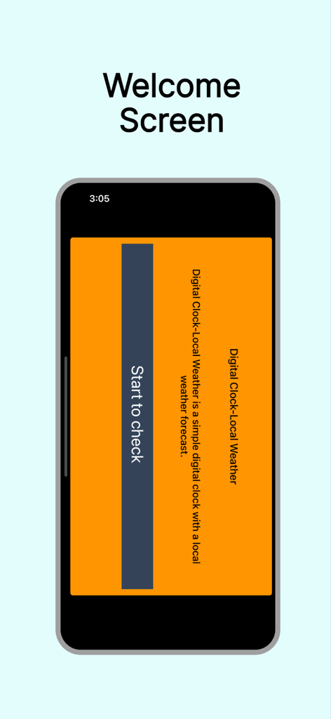 Schermata di benvenuto di Orologio Digitale-Previsioni Live con un pulsante di avvio su sfondo arancione