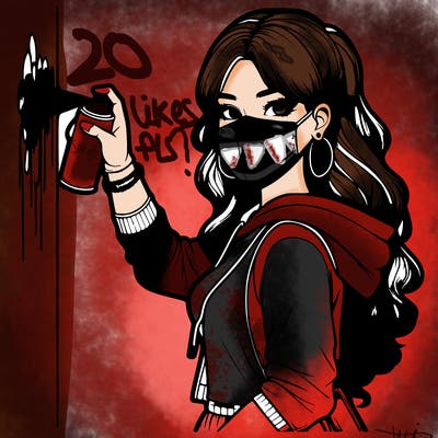 realistic girl with mask spray painting a wall