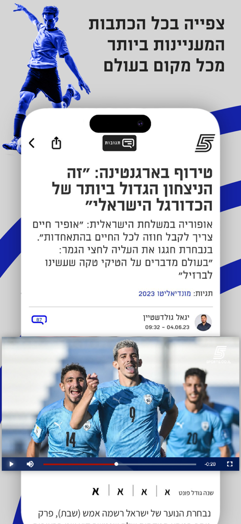 ערוץ הספורט - Screenshot of a news article in Hebrew from the Sports Channel app featuring Israeli soccer players celebrating