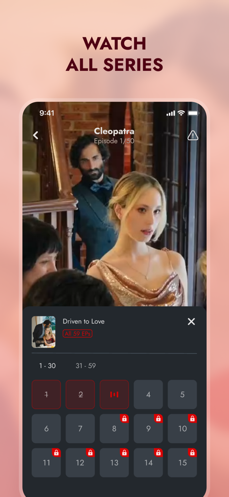 Drama One - Reel Shorts TV - Screenshot of the Drama One app showing a vertical video and numbered episode list