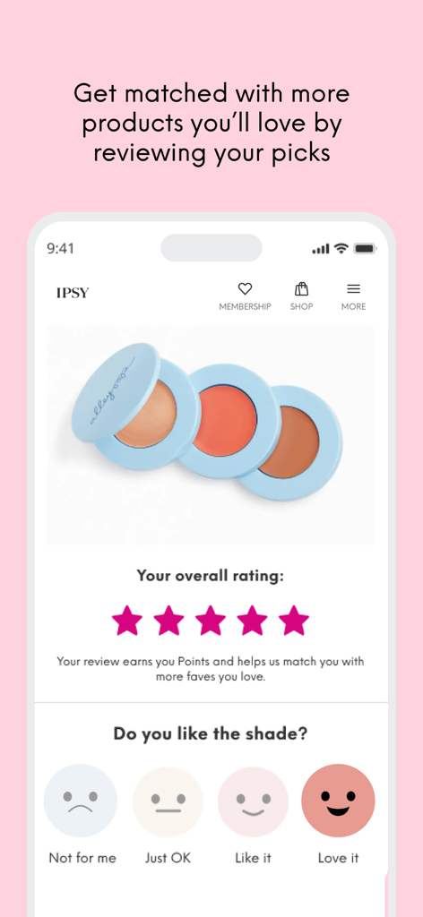 IPSY: Personalized Beauty - IPSY-App-Oberfläche mit einem Bildschirm für Produktbewertungen, Sterne-Ratings und Emojis für Farbpräferenzen.