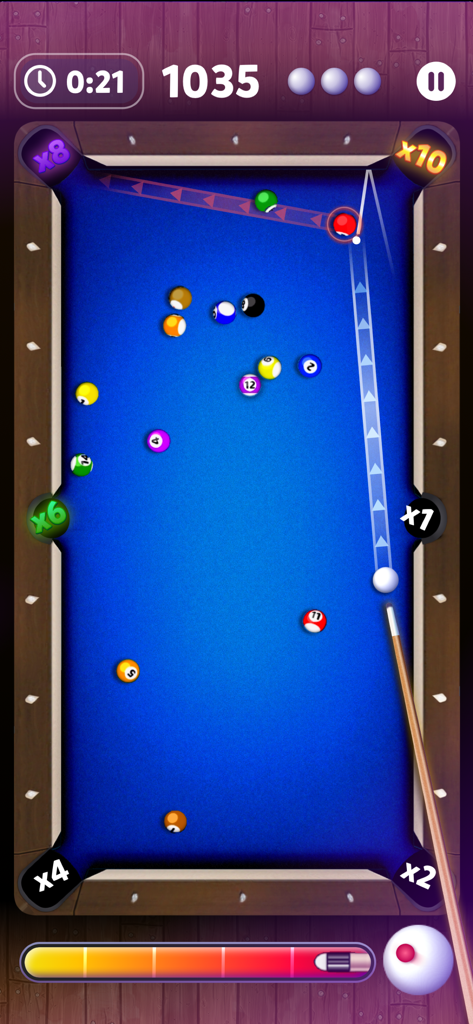 Mobile pool game interface showing a blue table with score multipliers and precision aiming guides