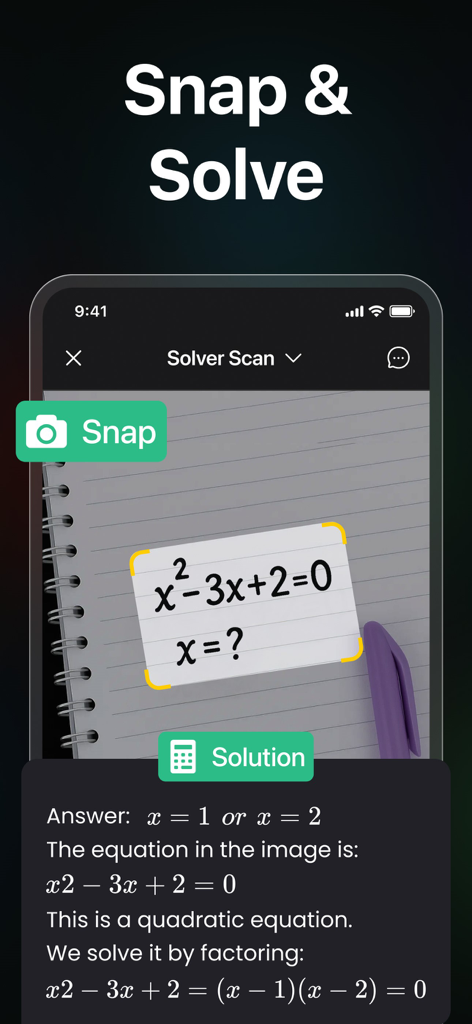 AI Chat: AI Assistant - AI Chat app solving a handwritten math problem using the camera snap and solve feature