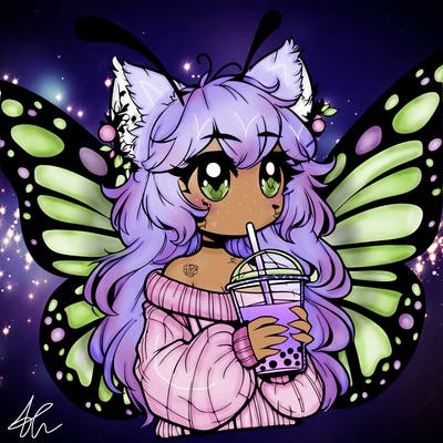 a realistic butterfly/furry girl drinking boba