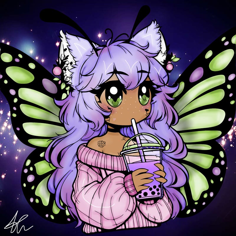 a realistic butterfly/furry girl drinking boba