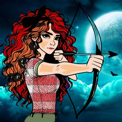 a woman with curly and messy hair using a bow to shoot arrow realistic