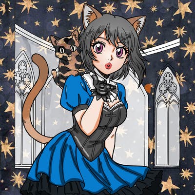 gothic inspired, girl with cat ears and tail blowing kiss