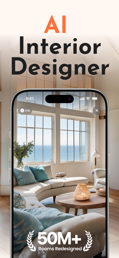 Home AI - AI Interior Design - A smartphone displaying a coastal style living room redesigned using AI interior design technology
