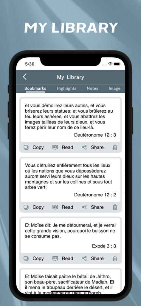 申命記と出エジプト記からのしおり付きの、フランス語聖書アプリの「マイライブラリ」画面。