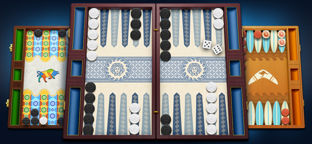 Backgammon Live™ Board Game - Three different custom backgammon board designs including Greek and Australian themes