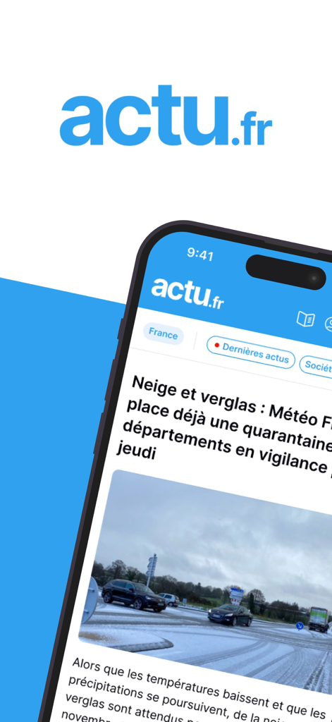 Actu - Schermata dello smartphone che mostra l'app Actu con notizie regionali francesi e avvisi meteo