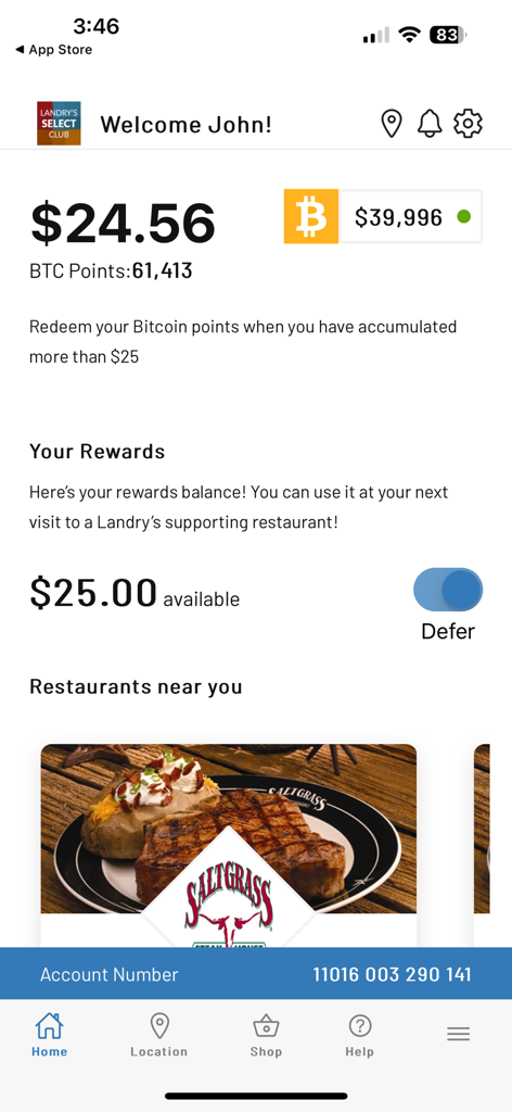 LSC - Dashboard dell'app Landry's Select Club che mostra il saldo dei premi di un utente e i ristoranti nelle vicinanze
