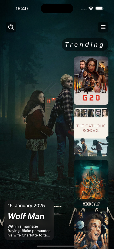 Trending movie discovery interface in the Poly Buzz Fan Hub app showing posters and film descriptions.