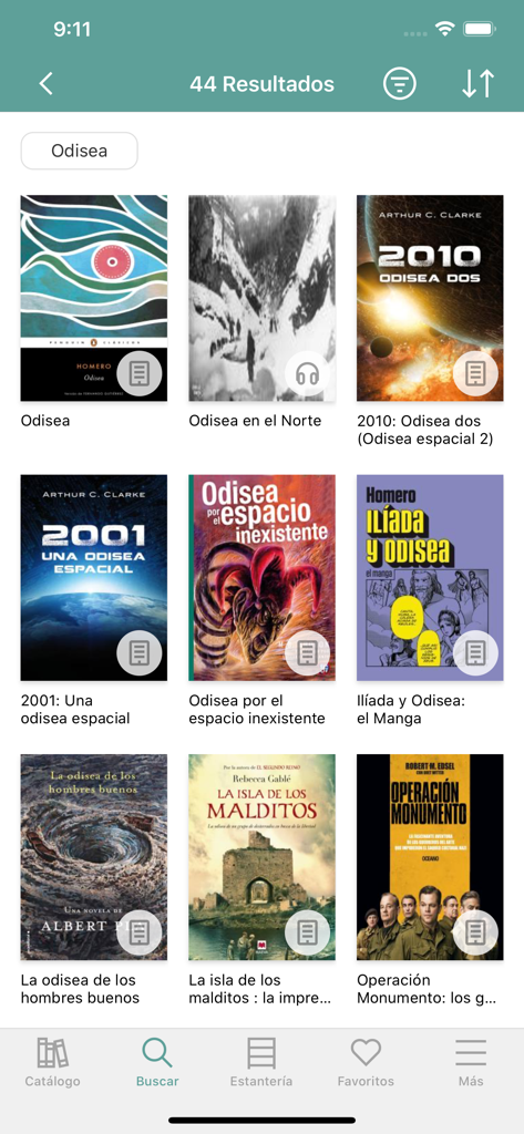 A search results page in the Biblioteca Pais app displaying a grid of book covers and audiobooks related to the keyword Odisea.
