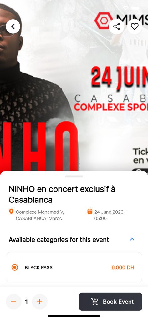 Ticket.ma - Interface de l'application Ticket.ma montrant les détails de l'événement et les options de réservation pour le concert de Ninho à Casablanca