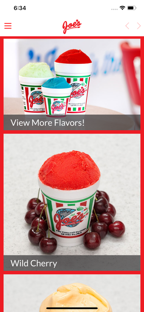 Joe's Ice - Joes Ice app interface showing wild cherry and other daily flavor options
