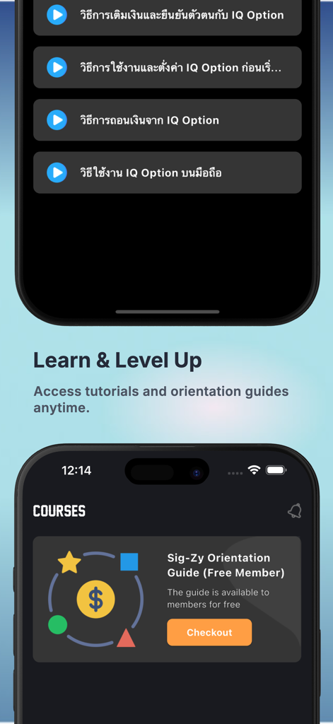 Sig-Zy app interface showing trading tutorials and orientation guides under the Learn and Level Up section