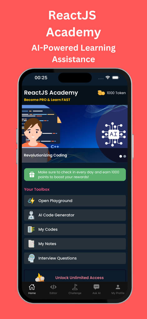 Tela inicial do aplicativo móvel ReactJS Academy com ferramentas de aprendizado com IA