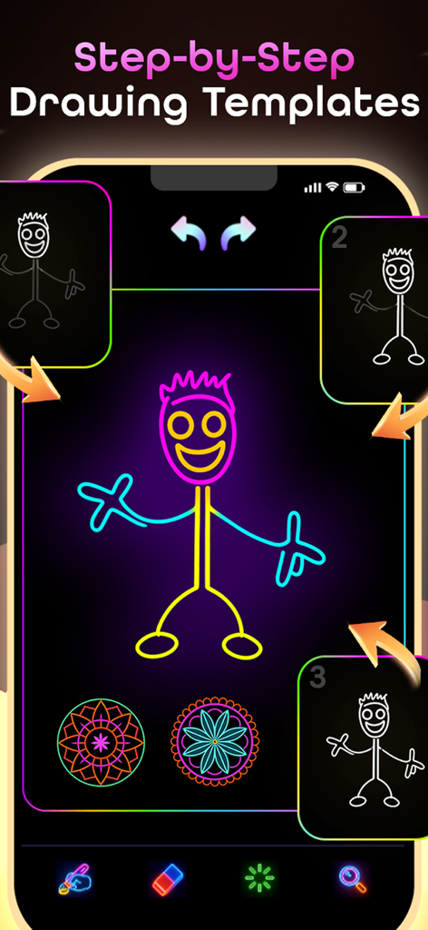 Glow Doodle: Neon Drawing Art - Step-by-step neon drawing templates showing how to draw a glowing stick figure.