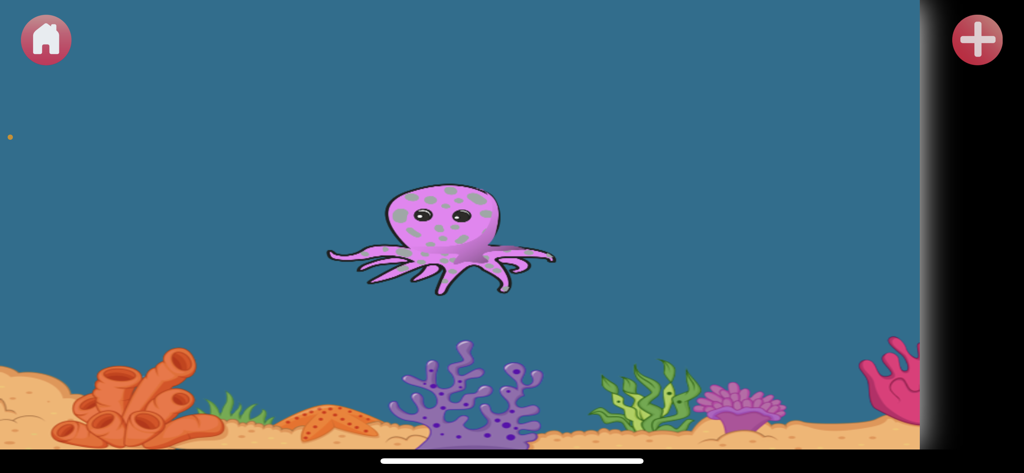 Speak Up Too - speech fun - Pulpo morado de dibujos animados en una escena submarina con coral y estrellas de mar de colores.