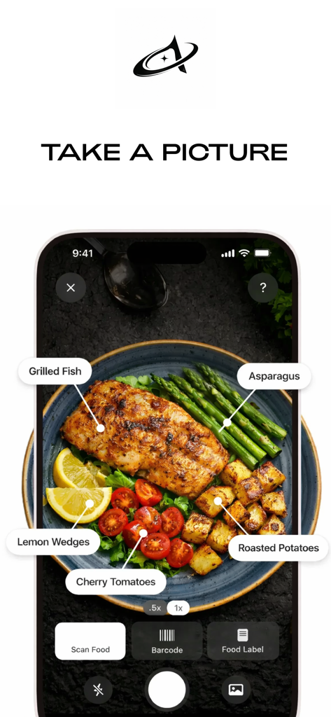 Aplicación AYRI escaneando una comida para identificar pescado a la parrilla y verduras para el seguimiento de calorías.